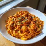 A close-up of rich, orange-hued Creamy Cajun Chicken Alfredo pasta topped with fresh parsley.