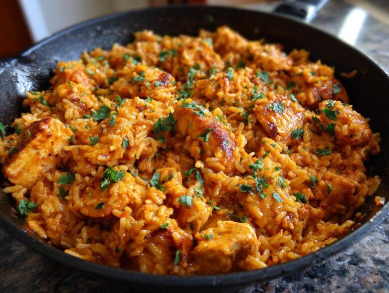 A close-up view of the finished Creamy Cajun Chicken and Rice Skillet, topped with fresh parsley.