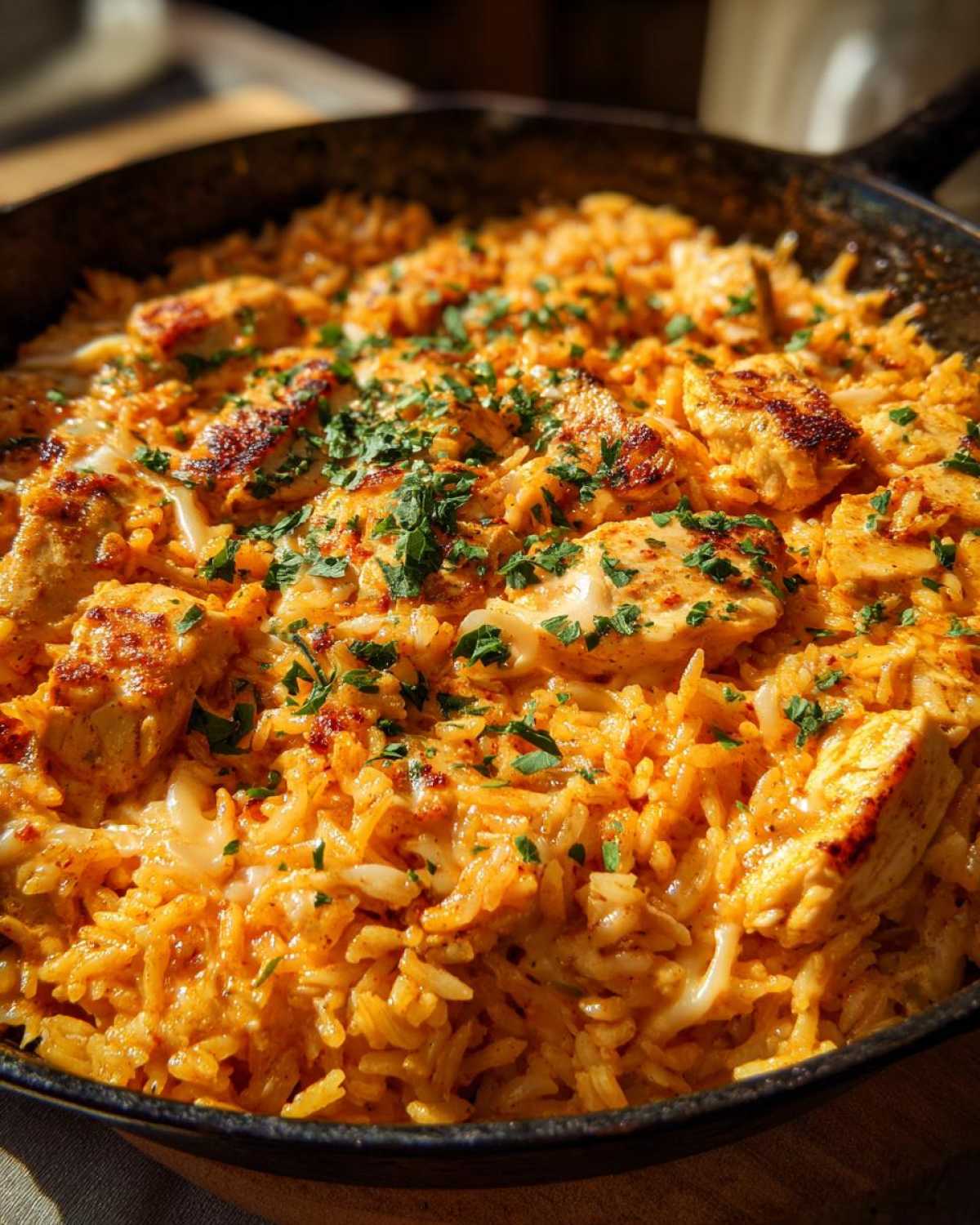 A close-up view of a skillet filled with rich, orange-hued Creamy Cajun Chicken and Rice Skillet, topped with seared chicken pieces and fresh parsley.