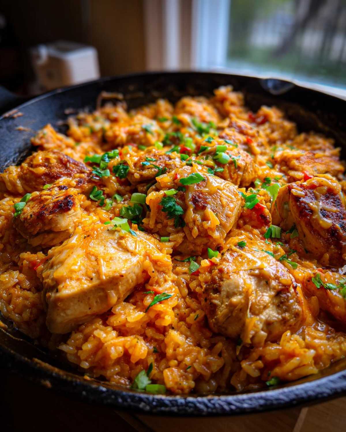 A close-up of the finished Creamy Cajun Chicken and Rice Skillet, featuring seasoned chicken pieces in orange, creamy rice, garnished with green onions.