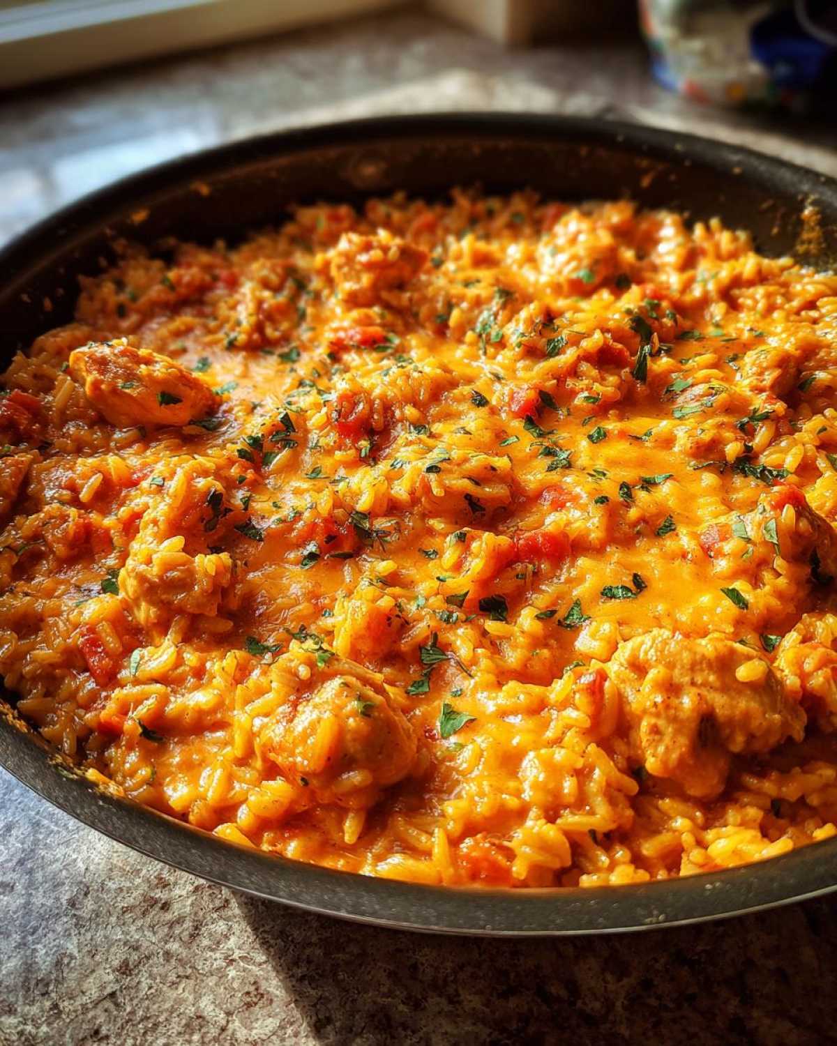 Close-up of a skillet filled with rich, orange-hued Creamy Cajun Chicken and Rice Skillet, topped with fresh parsley.