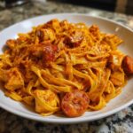 Close-up of a serving of Creamy Cajun Chicken Pasta with fettuccine, chicken chunks, and sliced sausage.