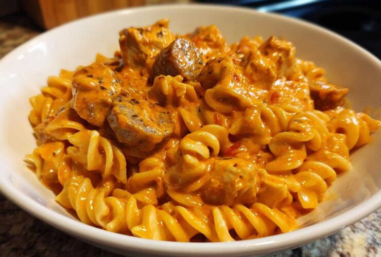 A close-up of Creamy Cajun Chicken Pasta featuring rotini/fusilli pasta coated in a rich, orange-hued sauce with chunks of seasoned chicken.