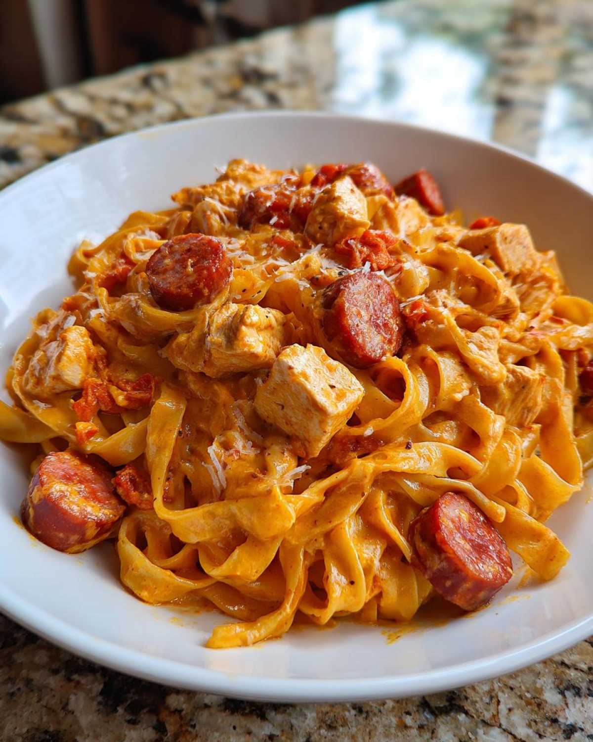 A close-up of Creamy Cajun Chicken Pasta with fettuccine, chicken chunks, and sliced andouille sausage in a white bowl.