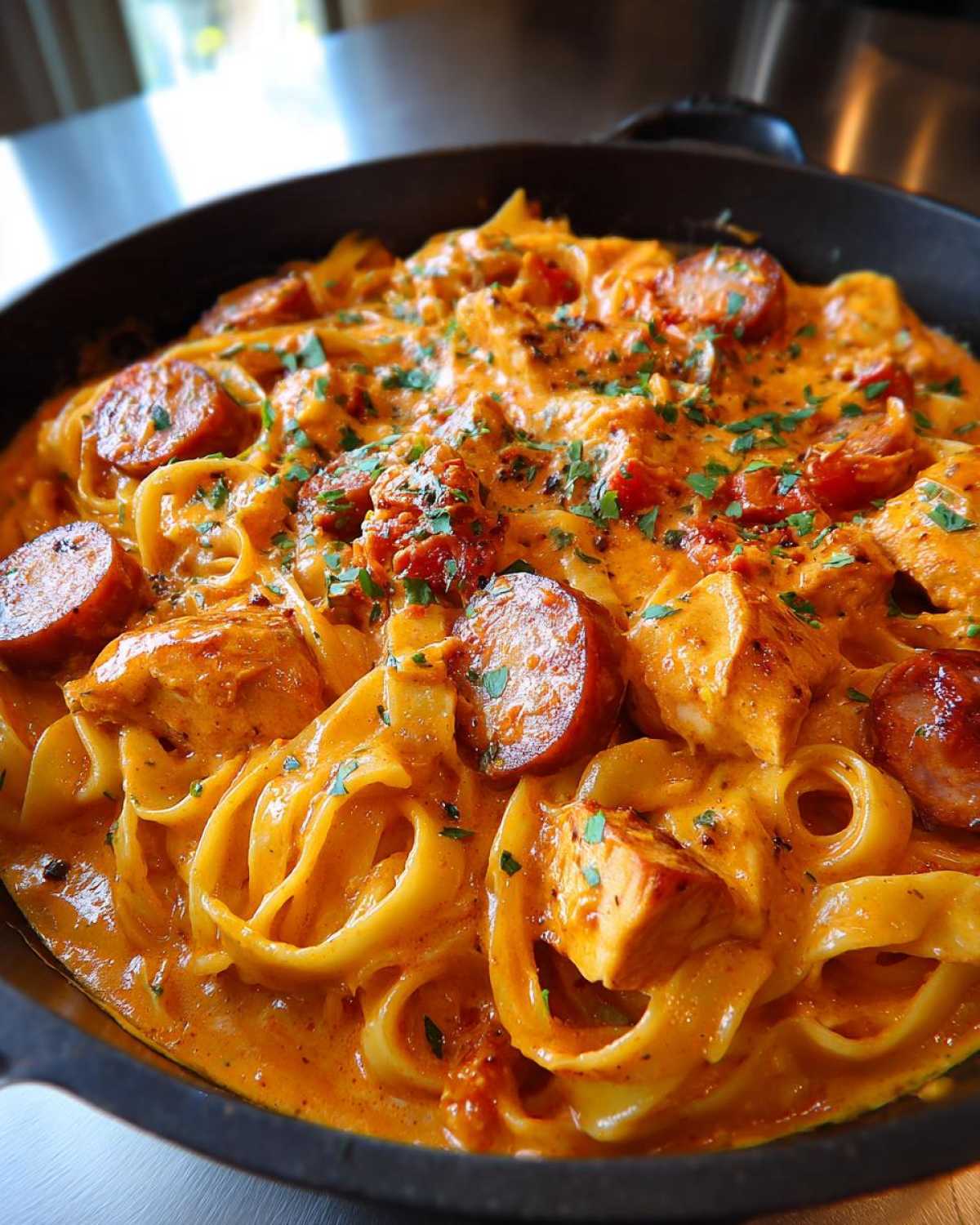 Close-up of rich, orange-hued Creamy Cajun Chicken Pasta with sliced sausage and herbs in a black skillet.