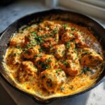 Close-up of bite-sized chicken pieces coated in a rich, orange-hued cream sauce in a cast iron skillet, garnished with parsley.