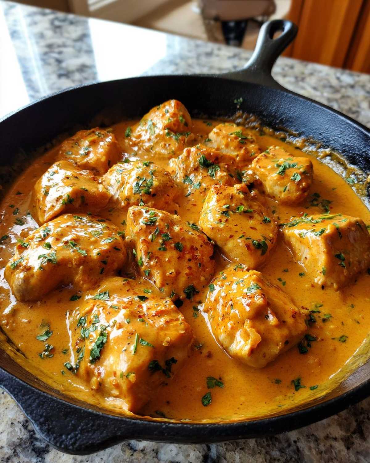 Close-up of tender chicken pieces smothered in a rich, orange-hued Creamy Cajun Chicken Skillet with Cream Sauce.