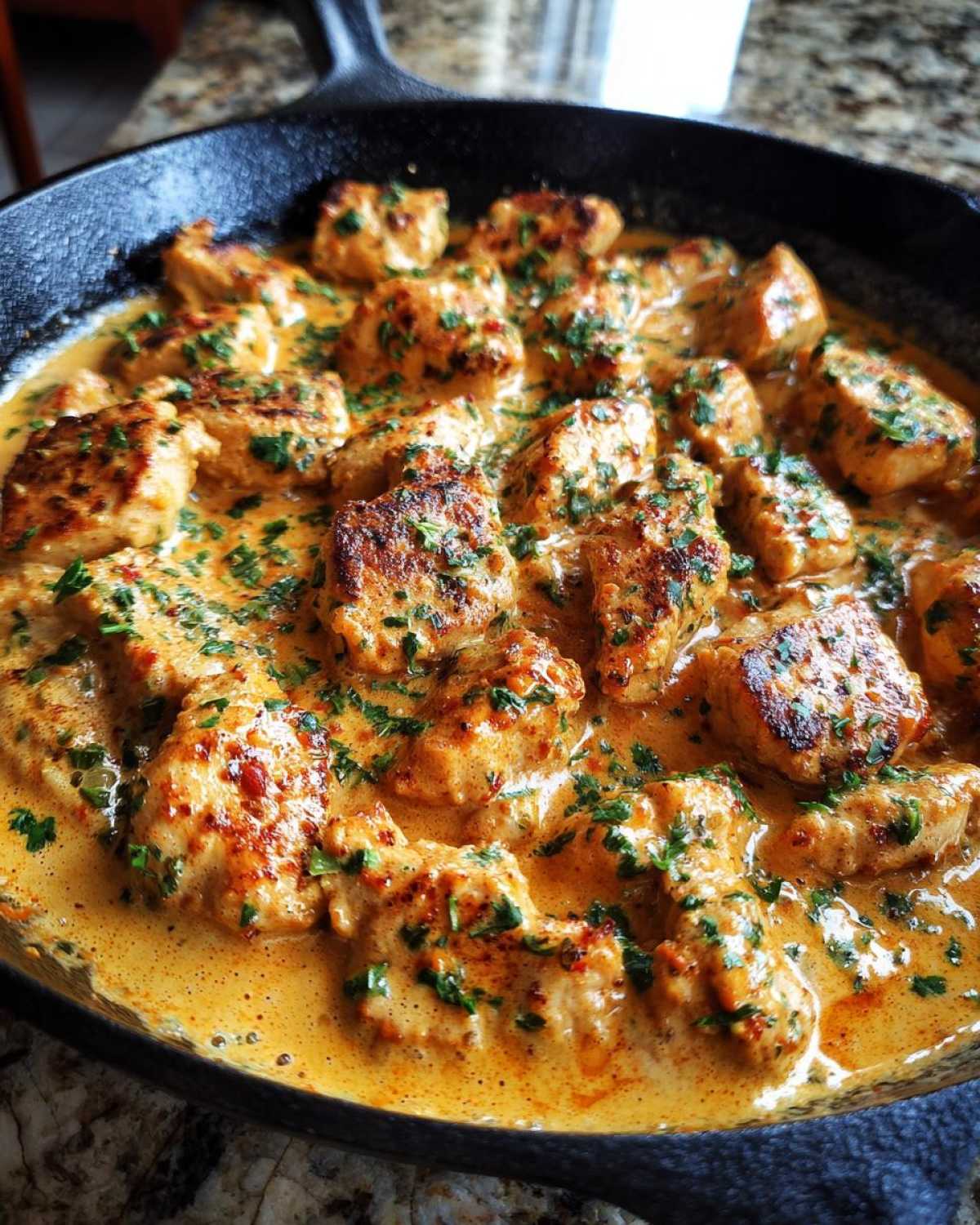 Close-up of seared chicken pieces coated in a rich, orange-hued Creamy Cajun Chicken Skillet with Cream Sauce, garnished with parsley.