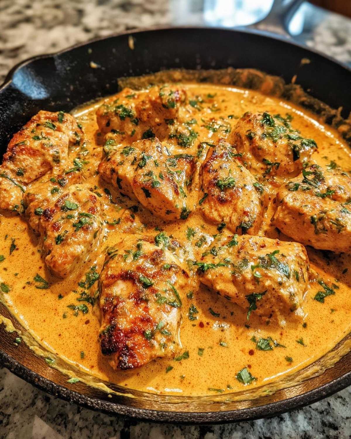Close-up of seared chicken pieces coated in a rich, orange-hued Creamy Cajun Chicken Skillet with Cream Sauce.