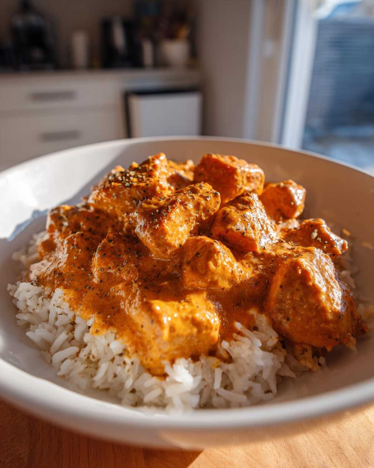Close-up of a white bowl filled with white rice topped with saucy, orange-hued chicken pieces from the Creamy Cajun Chicken Skillet.