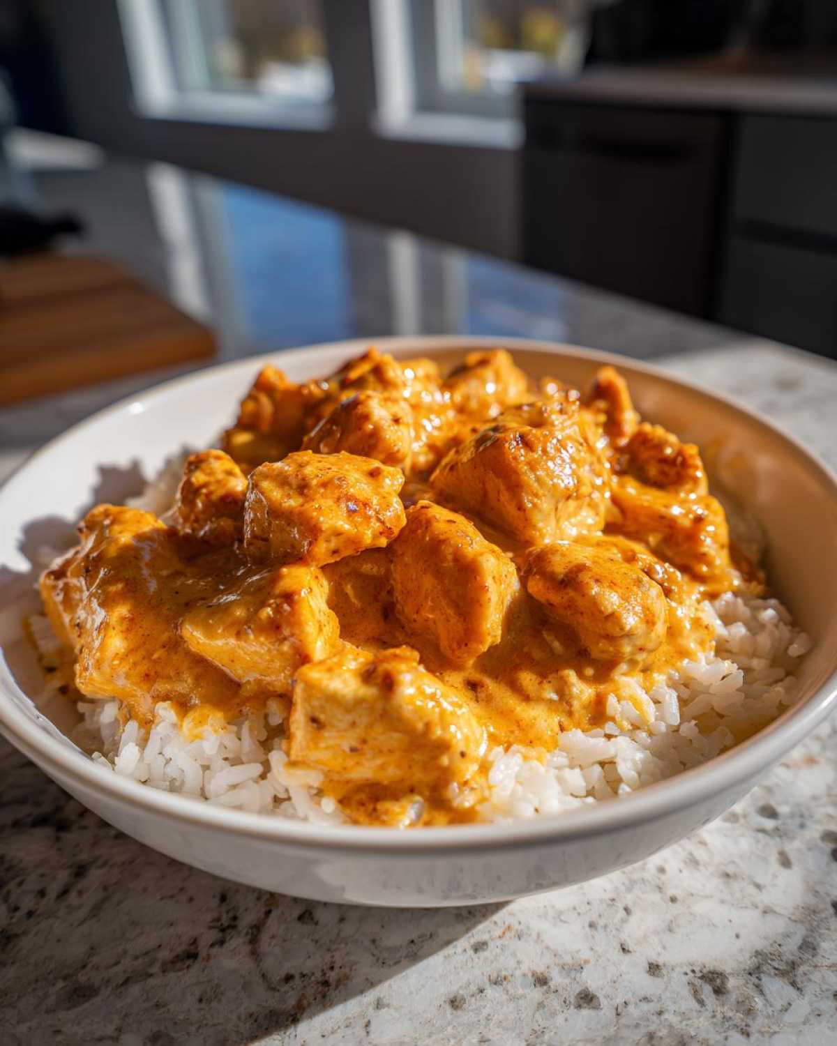 A close-up of a white bowl filled with white rice topped generously with chunks of chicken in a rich, orange Creamy Cajun Chicken Skillet sauce.