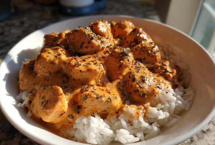 Close-up of Creamy Cajun Chicken Skillet with Rice, featuring chicken pieces in a rich orange sauce over white rice.