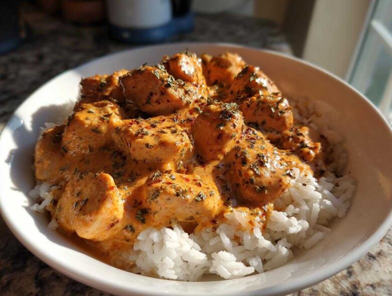 Close-up of Creamy Cajun Chicken Skillet with Rice, featuring chicken pieces in a rich orange sauce over white rice.