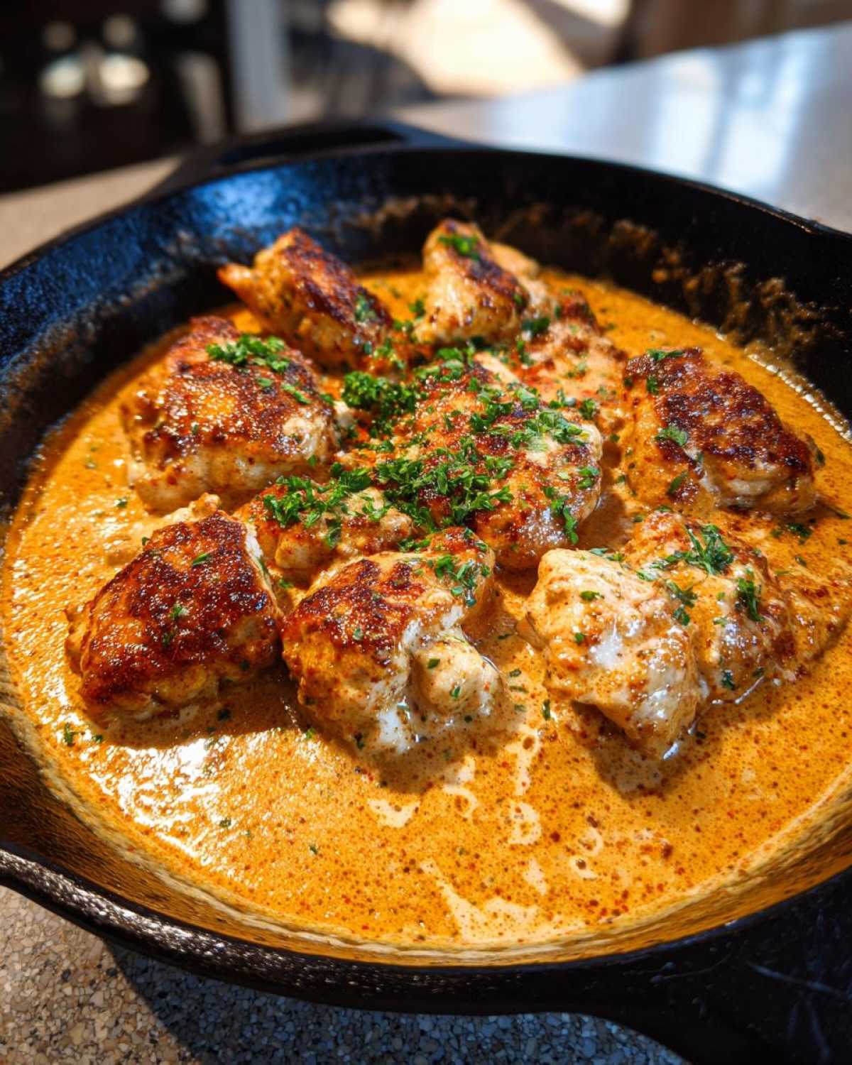 Close-up of seared chicken pieces swimming in a rich, orange-hued Creamy Cajun Chicken Skillet with cream sauce, garnished with parsley.