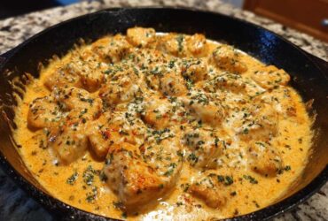 Close-up of Creamy Cajun Chicken Skillet, featuring seasoned chicken pieces swimming in a rich, orange-hued cream sauce, topped with herbs.