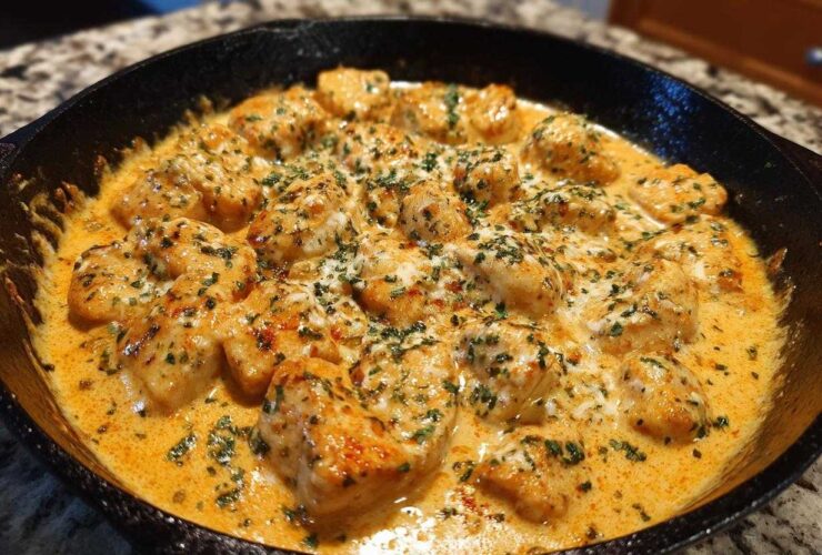 Close-up of Creamy Cajun Chicken Skillet, featuring seasoned chicken pieces swimming in a rich, orange-hued cream sauce, topped with herbs.