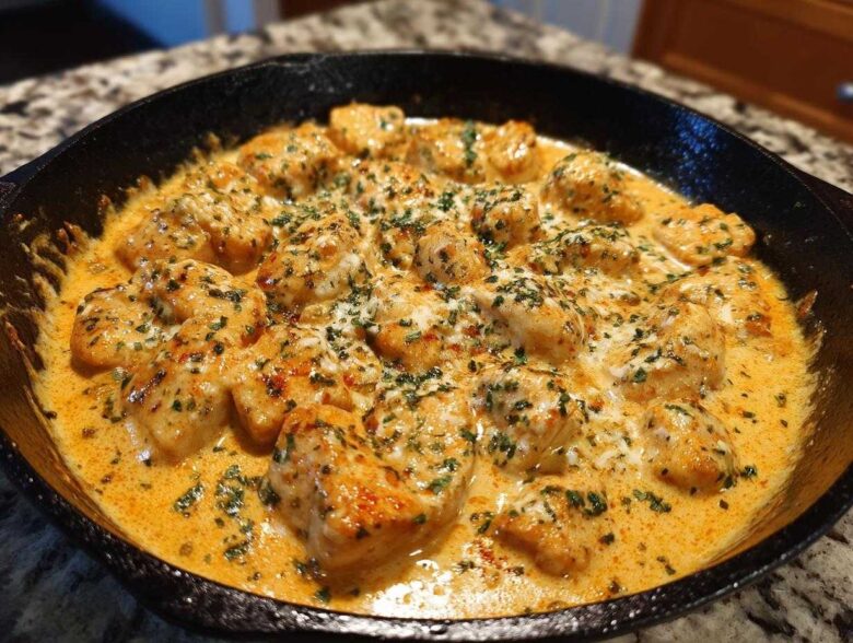 Close-up of Creamy Cajun Chicken Skillet, featuring seasoned chicken pieces swimming in a rich, orange-hued cream sauce, topped with herbs.