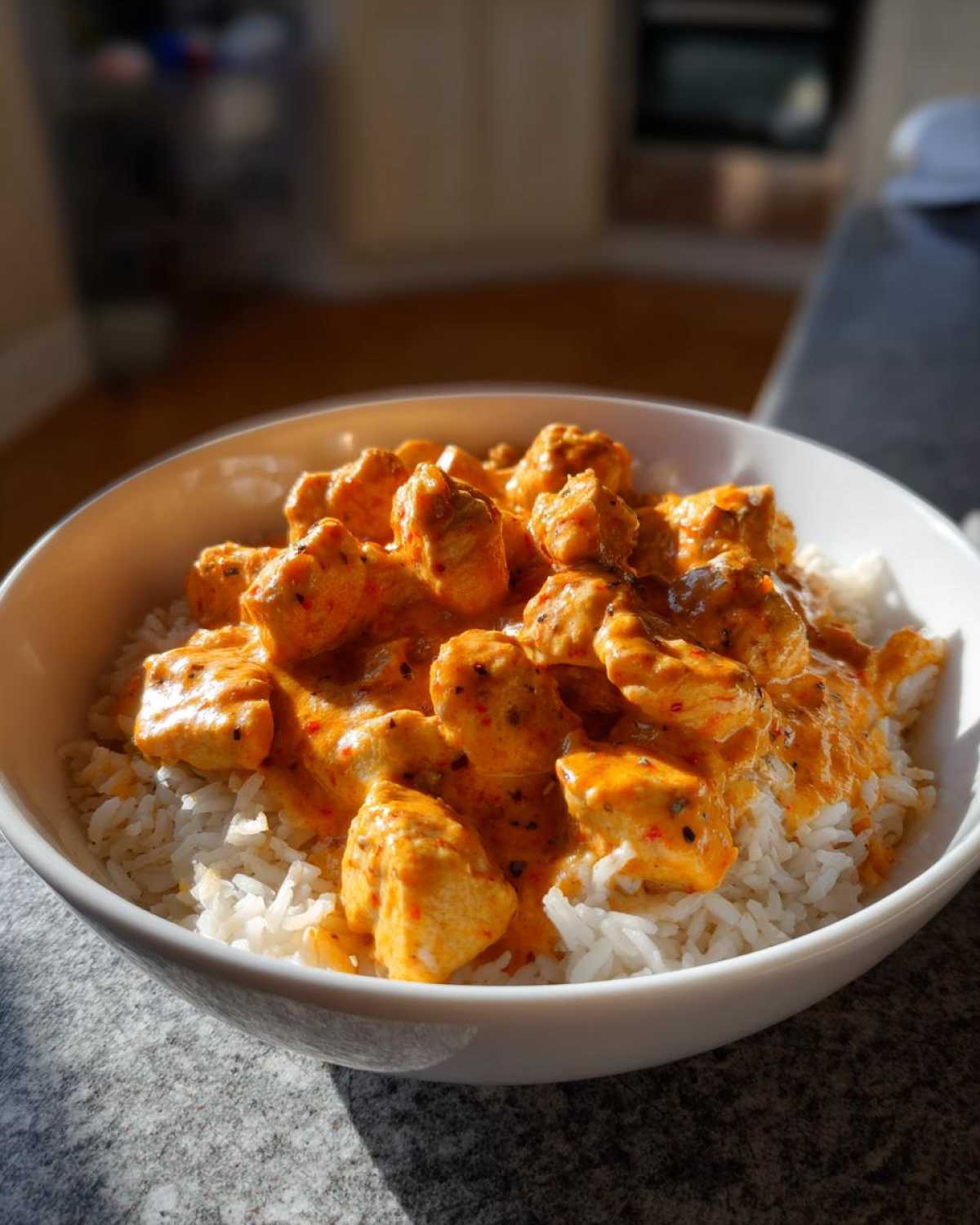 A close-up of a white bowl filled with white rice topped generously with chunks of chicken in a rich, orange Creamy Cajun Chicken Skillet sauce.
