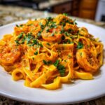 A close-up of Creamy Cajun Shrimp Pasta Bold Flavor featuring fettuccine noodles coated in a rich, orange sauce with plump shrimp and fresh parsley.