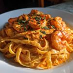 A close-up of rich, orange-hued Creamy Cajun Shrimp Pasta featuring fettuccine noodles and topped with seasoned shrimp and parsley.
