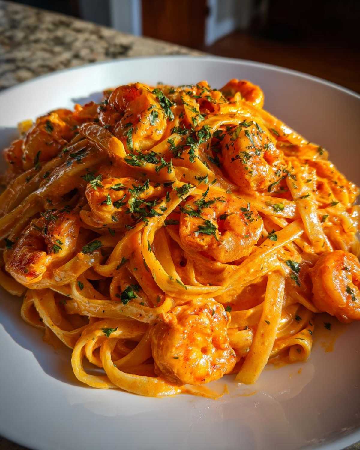 Close-up of a white bowl filled with Creamy Cajun Shrimp Pasta Bold Flavor, featuring fettuccine coated in orange sauce and topped with shrimp and parsley.