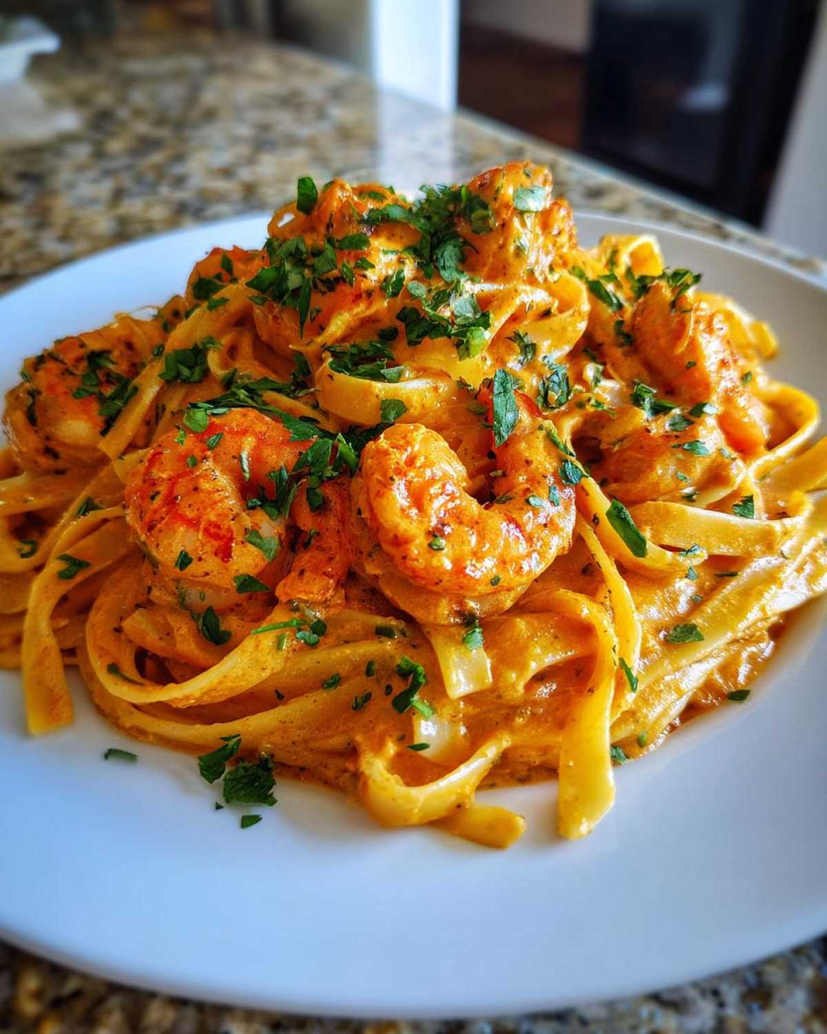A close-up of Creamy Cajun Shrimp Pasta featuring fettuccine coated in a rich, orange sauce with seasoned shrimp, garnished with parsley.