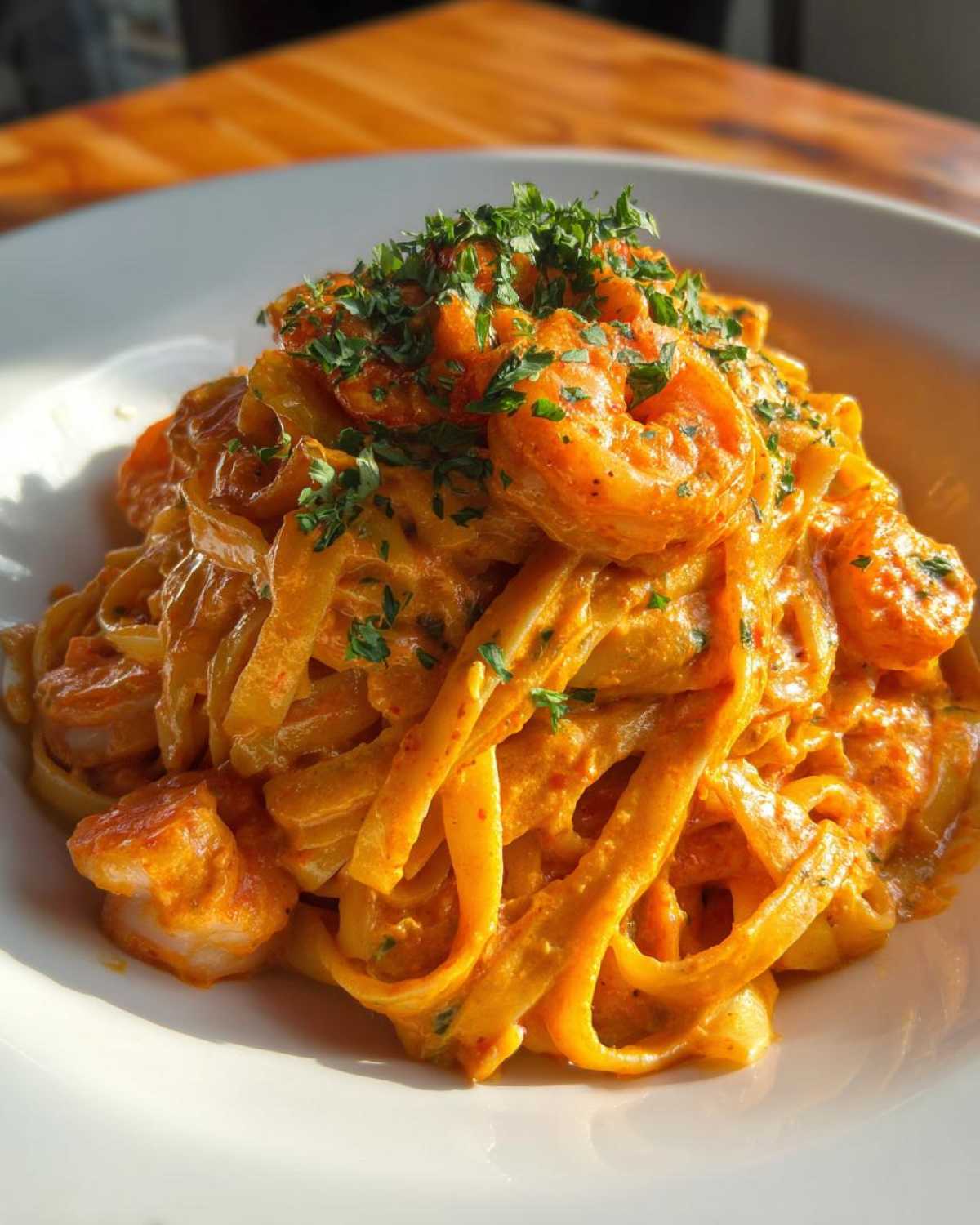 A close-up of rich, orange-hued Creamy Cajun Shrimp Pasta topped with fresh parsley.