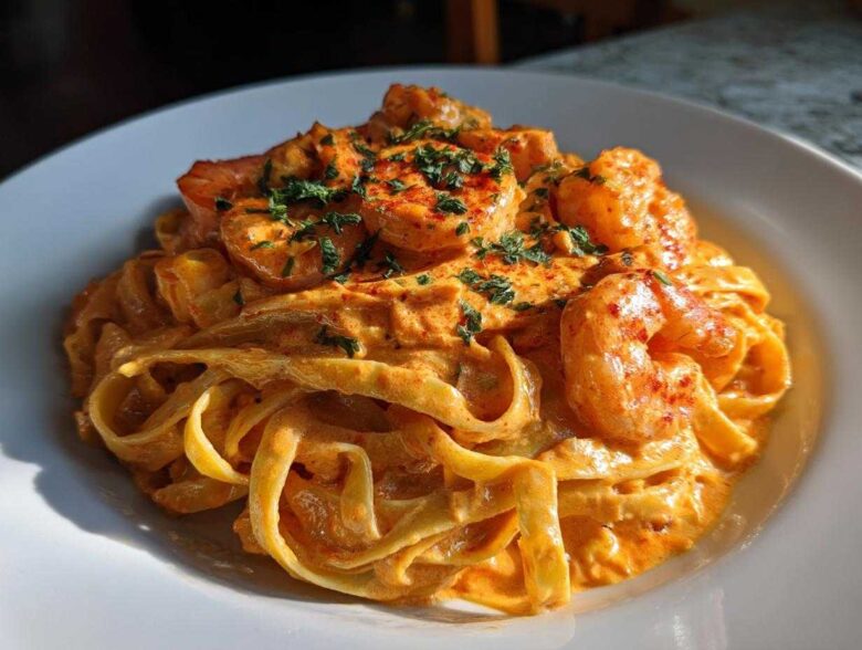 A close-up of rich, orange-hued Creamy Cajun Shrimp Pasta featuring fettuccine noodles and topped with seasoned shrimp and parsley.