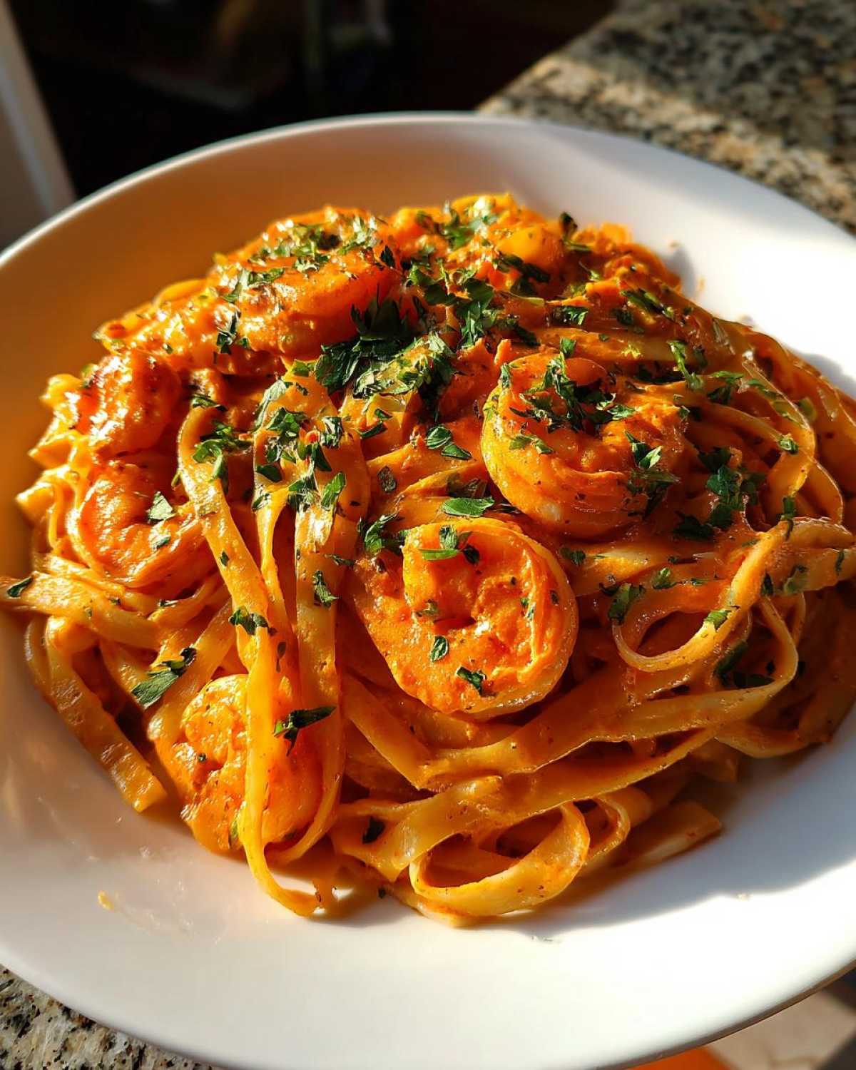 Close-up of rich, orange-hued Creamy Cajun Shrimp Pasta tossed with fettuccine and topped with fresh parsley.