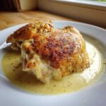 Two perfectly cooked Creamy Garlic Chicken Thighs with crispy, seasoned skin resting in a pool of rich, yellow garlic sauce.