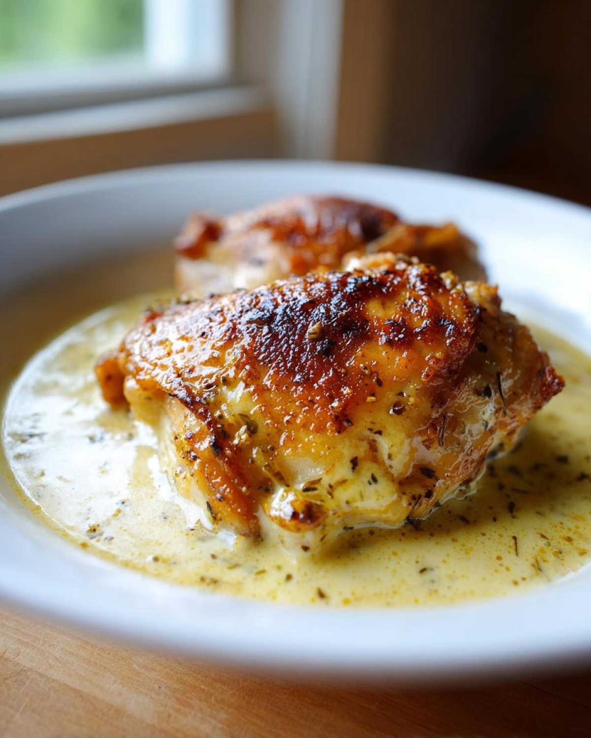 Close-up of a perfectly seared Creamy Garlic Chicken Thighs with crispy skin resting in a rich garlic cream sauce.
