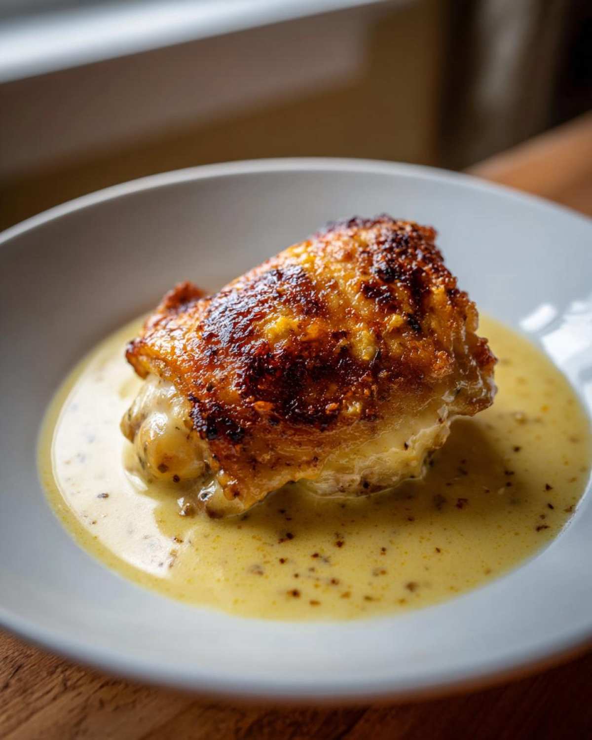 A single piece of Creamy Garlic Chicken Thighs with perfectly crispy, browned skin resting in a pool of rich, speckled garlic cream sauce.