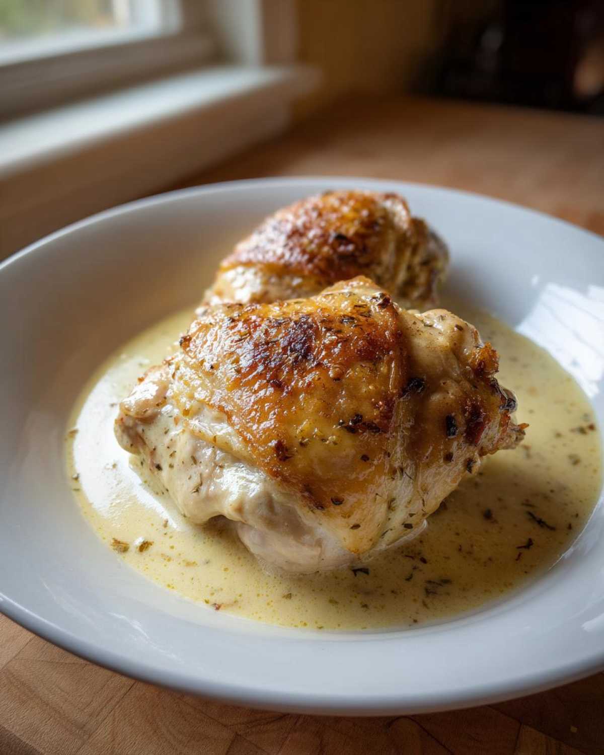 Two perfectly cooked Creamy Garlic Chicken Thighs with crispy skin resting in a rich, pale yellow garlic cream sauce.