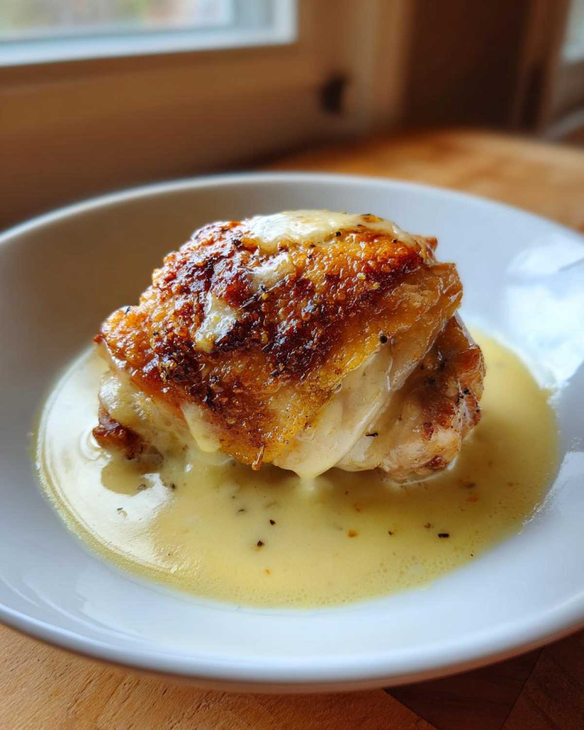 A close-up of a perfectly cooked Creamy Garlic Chicken Thighs with very crispy, browned skin resting in a pool of light yellow garlic cream sauce.