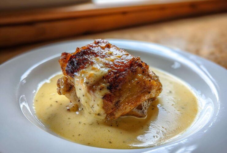 A single piece of Creamy Garlic Chicken Thighs with perfectly crispy, browned skin resting in a pool of rich garlic cream sauce.
