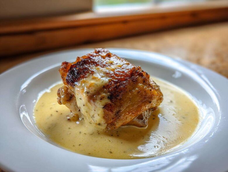 A single piece of Creamy Garlic Chicken Thighs with perfectly crispy, browned skin resting in a pool of rich garlic cream sauce.