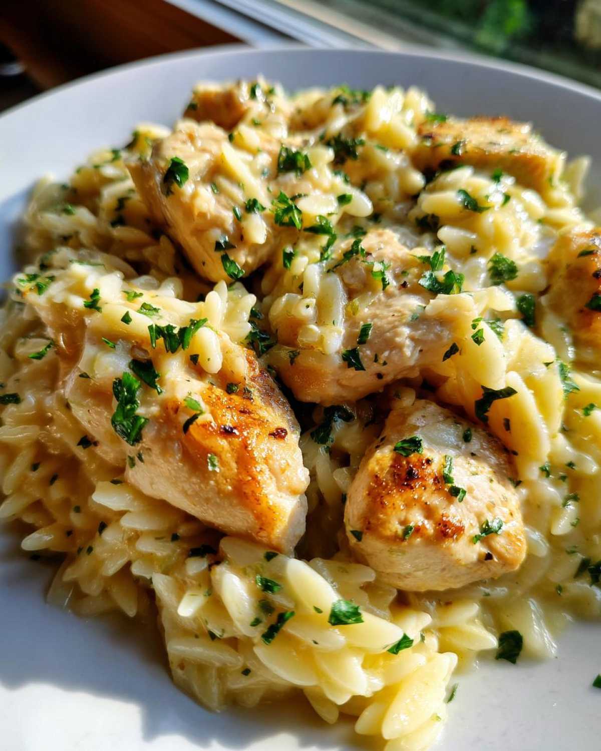 Close-up of Creamy Garlic Parmesan Orzo with Chicken topped with fresh parsley.