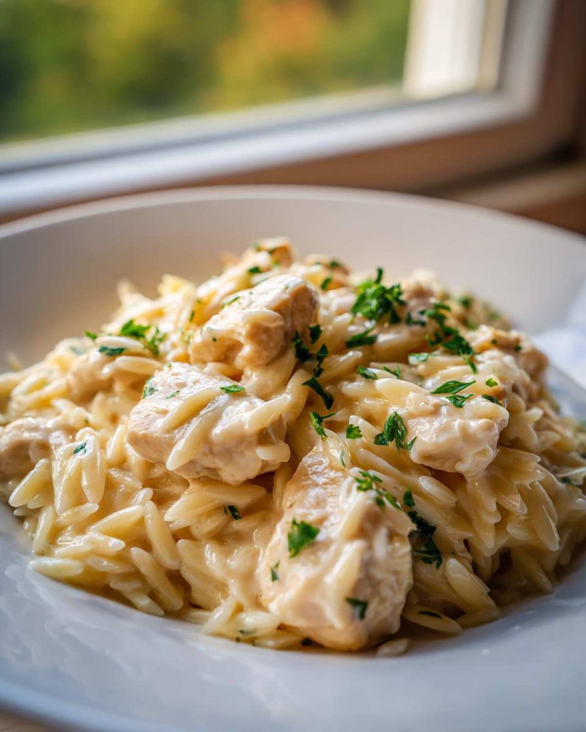 A close-up of a white bowl filled with Creamy Garlic Parmesan Orzo with Chicken, garnished with fresh parsley.