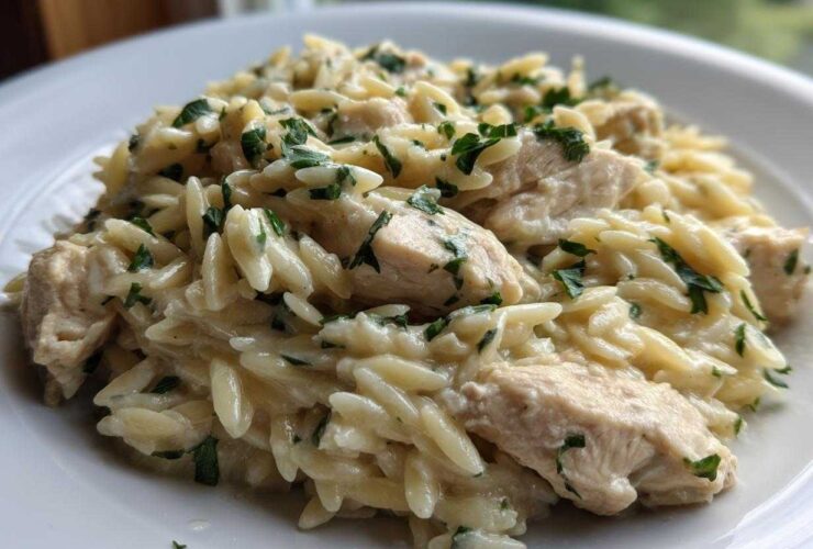 Close-up of a serving of Creamy Garlic Parmesan Orzo with Chicken, topped with fresh parsley.