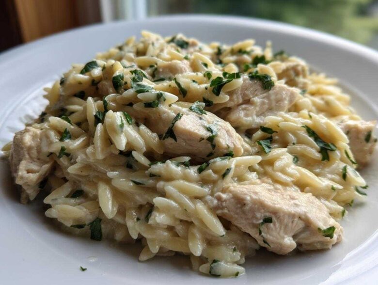 Close-up of a serving of Creamy Garlic Parmesan Orzo with Chicken, topped with fresh parsley.