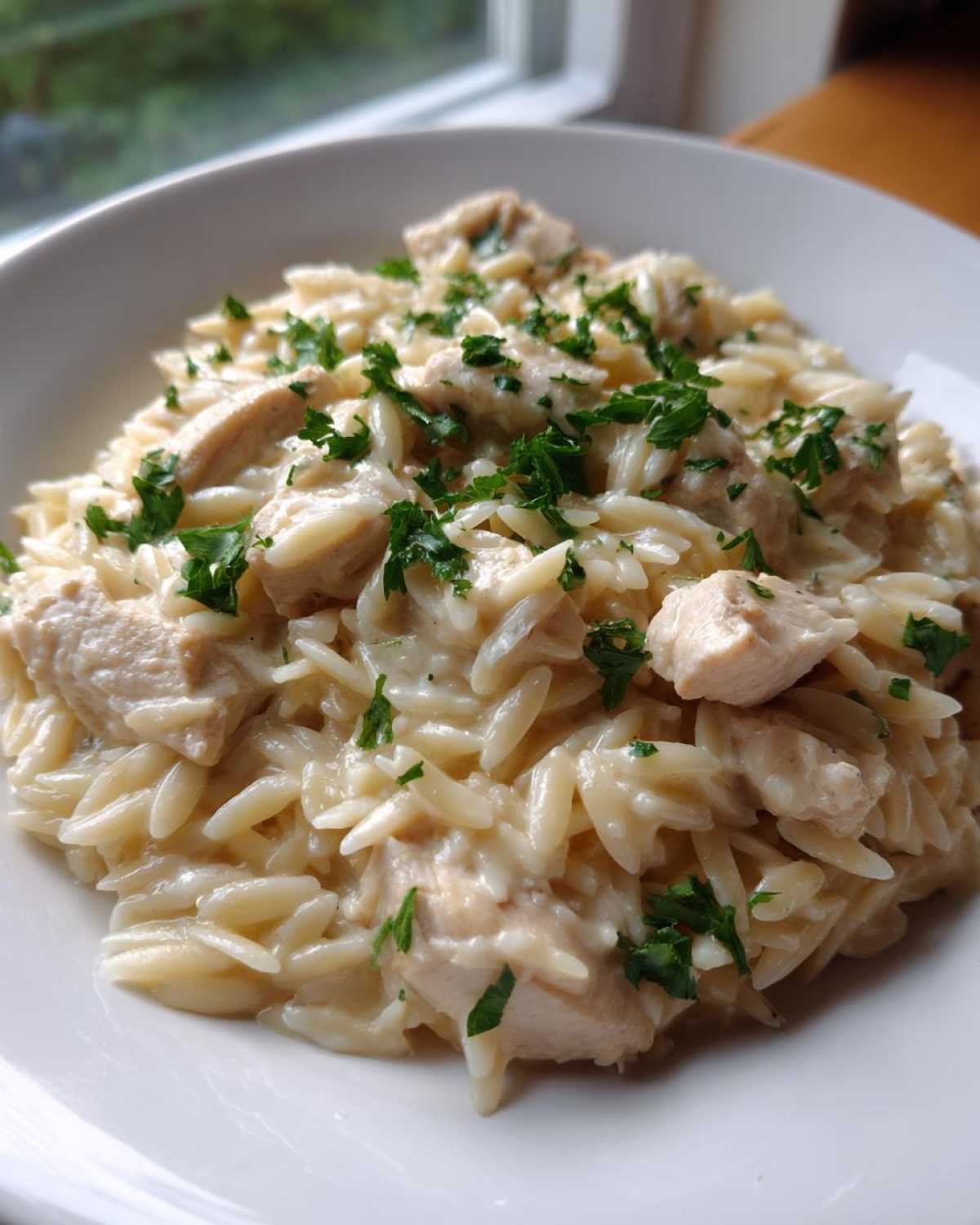 Close-up of a white bowl filled with creamy Garlic Parmesan Orzo with Chicken, garnished with fresh parsley.