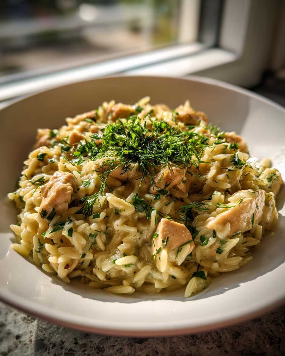 A close-up of Creamy Lemon Chicken Orzo topped generously with fresh dill and parsley.