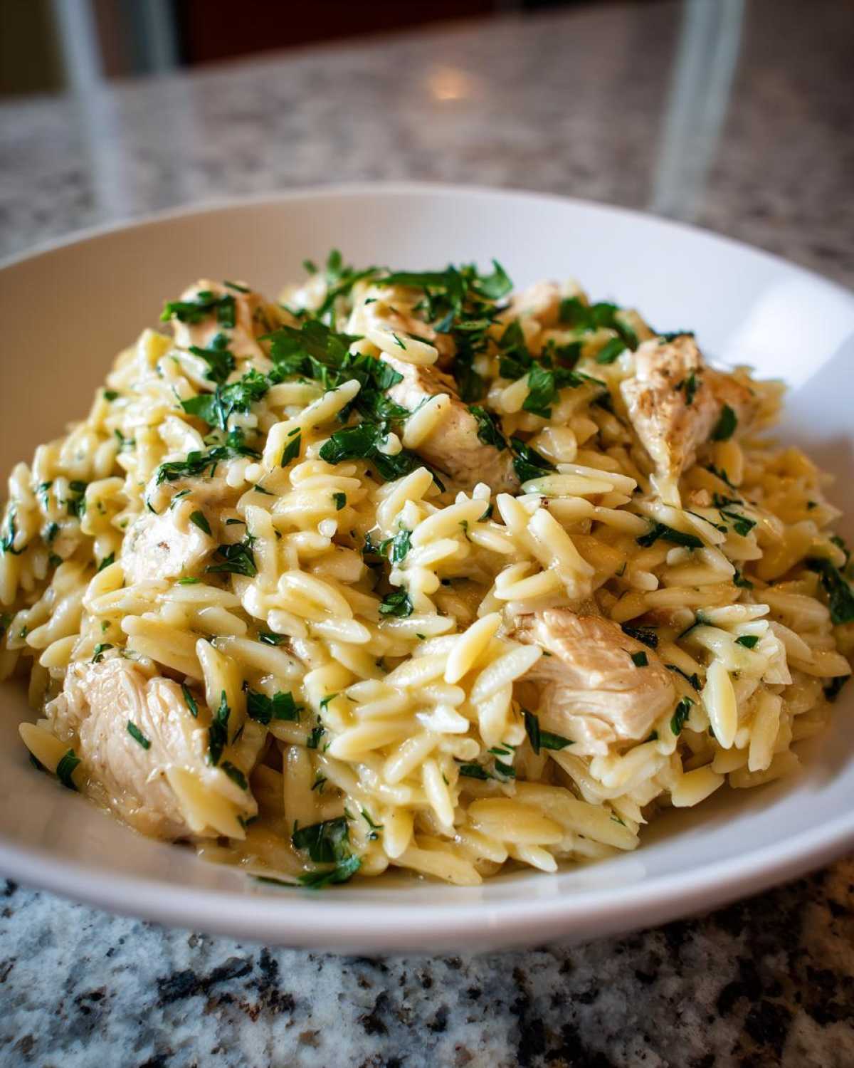 A close-up of a bowl of Creamy Lemon Chicken Orzo topped generously with fresh chopped parsley.