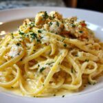 Close-up of a serving of Creamy Lemon Chicken Pasta with linguine noodles coated in a rich sauce and topped with parsley.