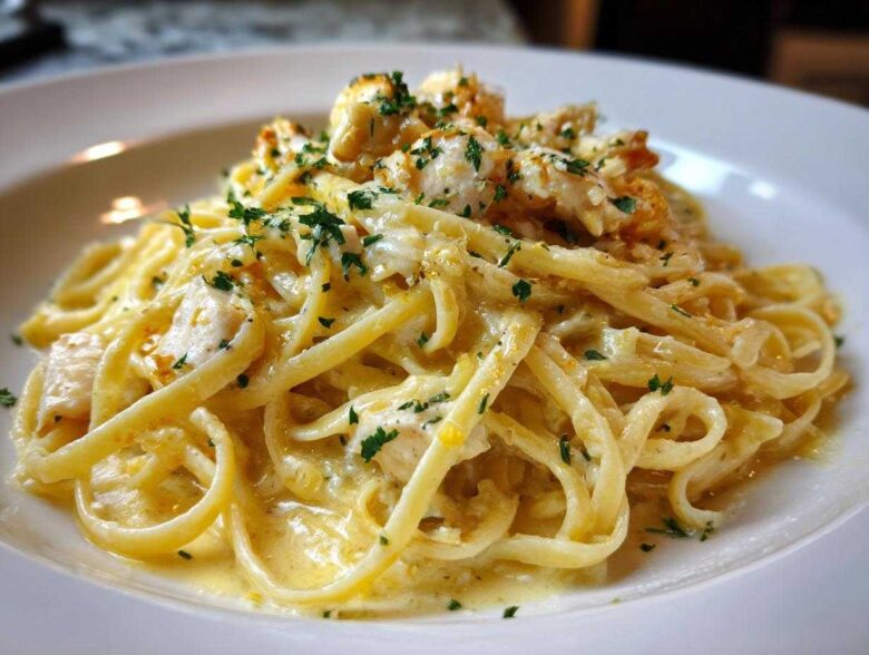 Close-up of a serving of Creamy Lemon Chicken Pasta with linguine noodles coated in a rich sauce and topped with parsley.
