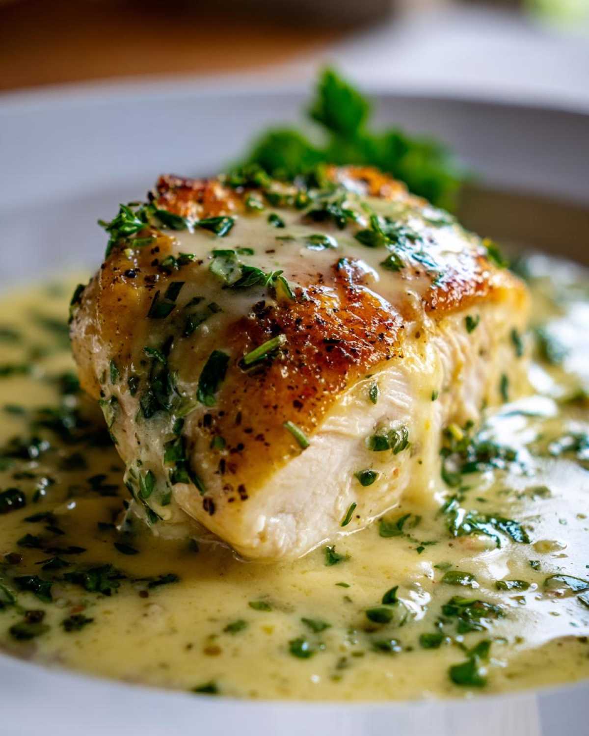 A perfectly seared chicken breast covered in a rich, creamy lemon sauce speckled with fresh herbs, part of the Creamy Lemon Chicken Skillet recipe.