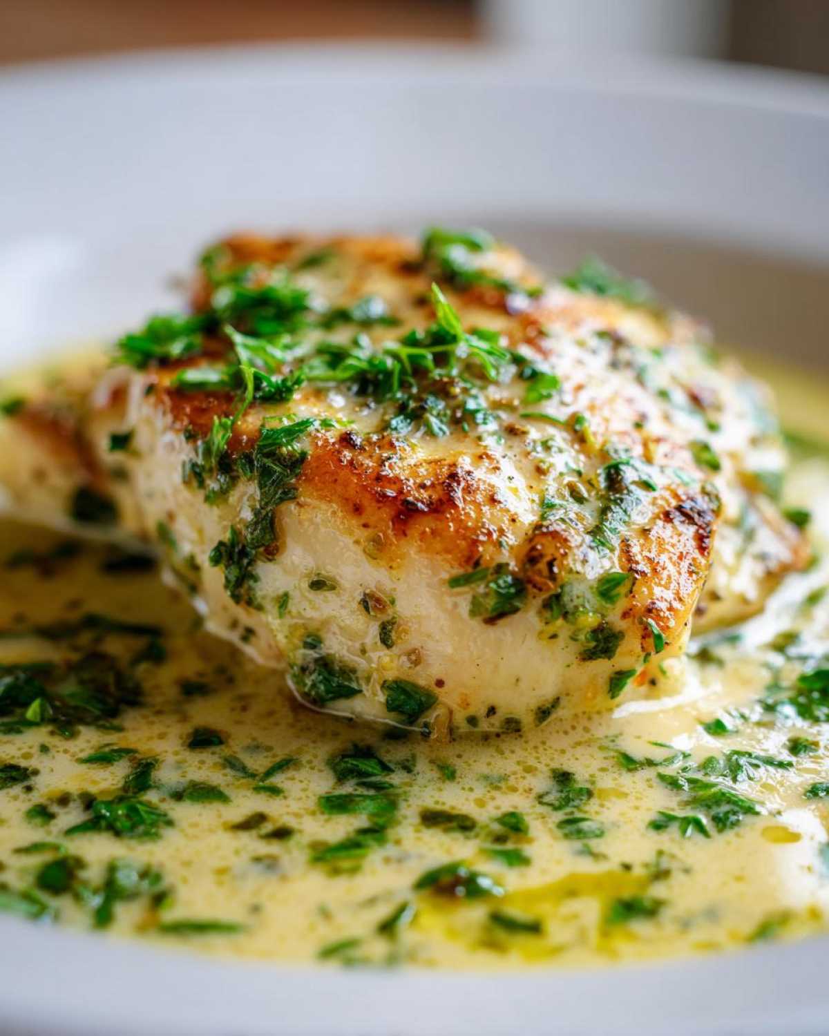 Close-up of a perfectly seared chicken breast smothered in a rich, creamy lemon sauce and topped with fresh herbs.