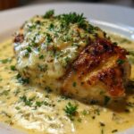 A perfectly seared chicken breast smothered in a rich, creamy lemon sauce and topped with fresh herbs.