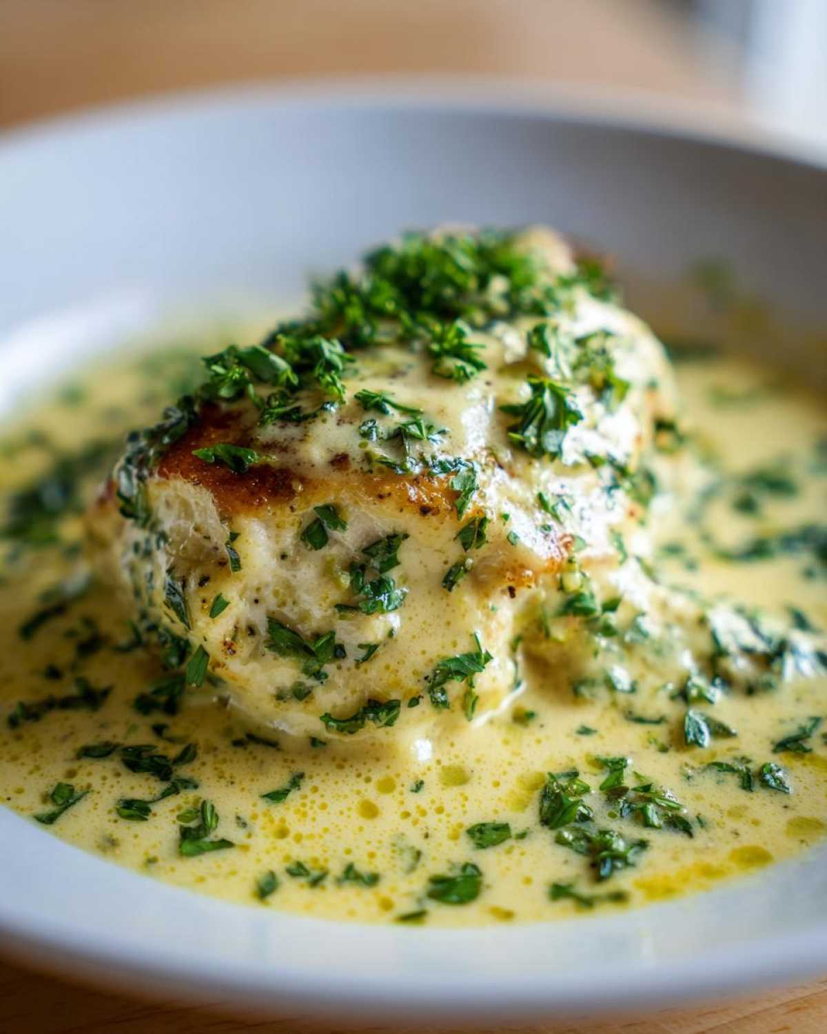 Close-up of a perfectly seared chicken breast smothered in creamy lemon sauce and fresh herbs from the Creamy Lemon Chicken Skillet.