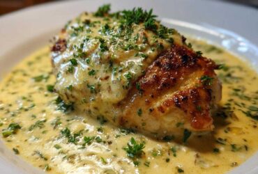 A perfectly seared chicken breast smothered in a rich, creamy lemon sauce and topped with fresh herbs.